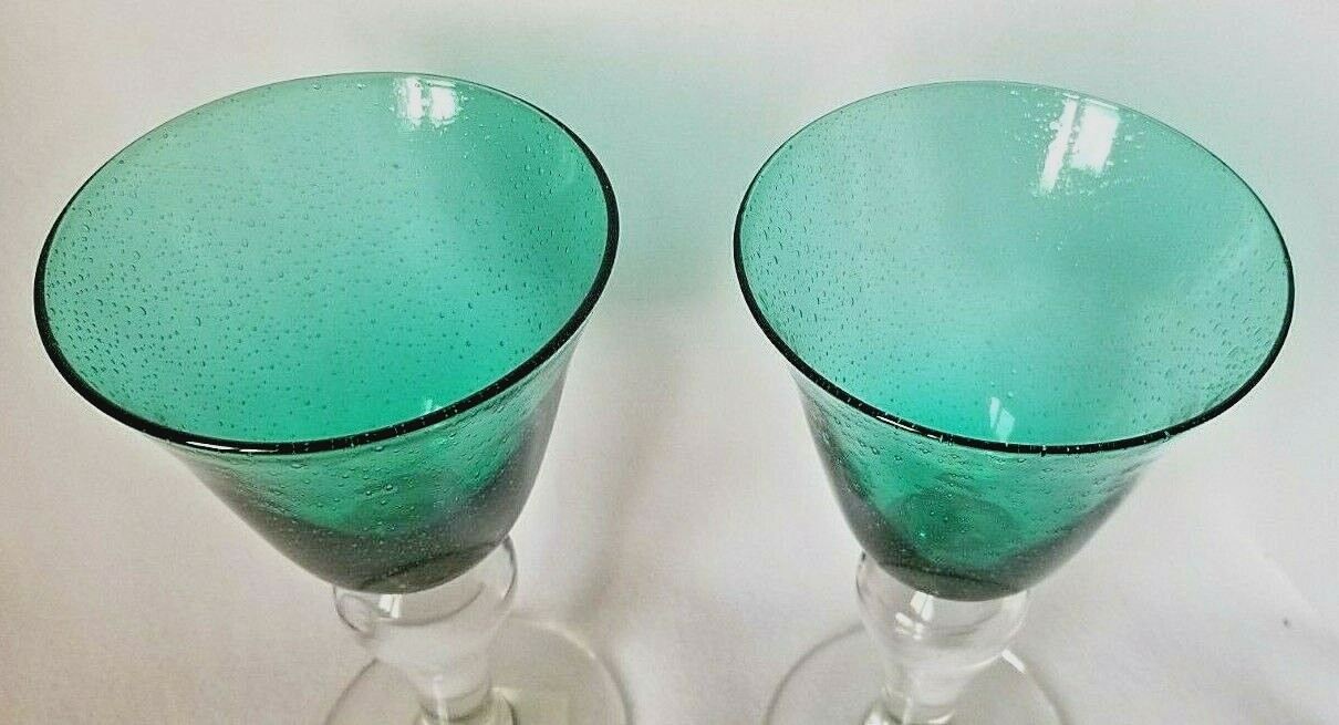 2 Hand Blown Green Bubble Wine Water Margarita Glasses 8 oz. Stemware