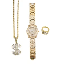 BLING Watch RING CHAIN KIT PIMP Old School SWAG RAPPER COSTUME JEWELRY Gold