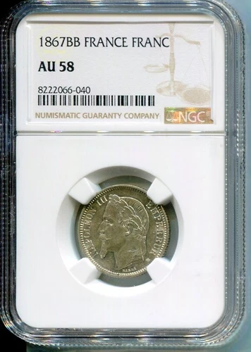FRANCE 1867BB FRANC NGC AU58