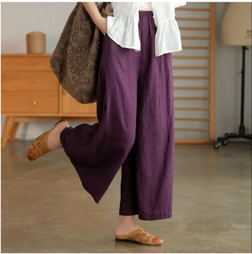 Sommer Damen Lockere Leinenhose Weites Bein Flachs Cropped Freizeit Komfort Hose  - Bild 6 von 20