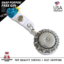 Oval Rhinestone Filigree Snap Button Badge Reel, Retractable ID Holder w Clip