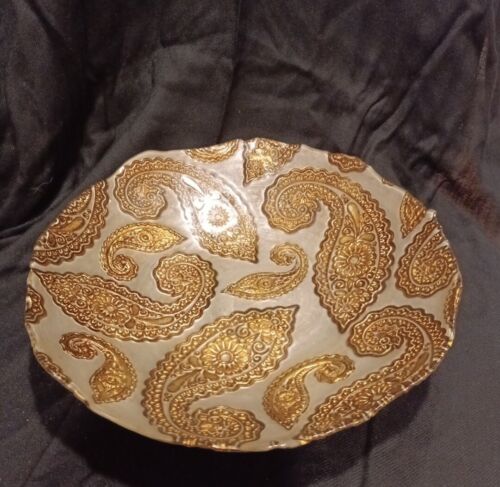 Handmade Turkish Traditional Painted Glass Serving Bowl Gold w/ Copper Metallic - Picture 1 of 3