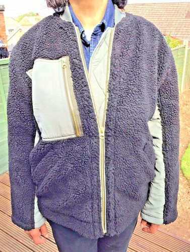 Free People Fleece Jacket Small Rivington Sherpa Oversized Black Olive Trim Zip - Picture 7 of 12