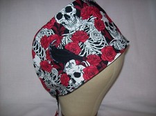 Men/Women Surgical Scrub Cap Lined Skeleton's and Red Roses  Crows 100 Cotton