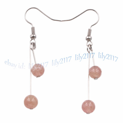 6mm Natural Pink Strawberry Quartz Crystal Dangle Eardrop Silver Hook Earrings