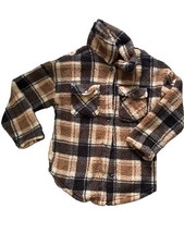 Medium Plaid Fleece Shacket Women Medium Brown Tan Sherpa Flannel Jacket Cozy