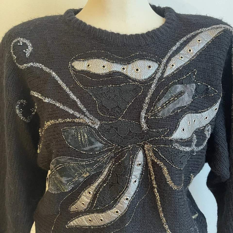 Suéter vintage anos 80 Carducci enfeitado mistura de lã renda prata metálica médio - Imagem 4 de 4