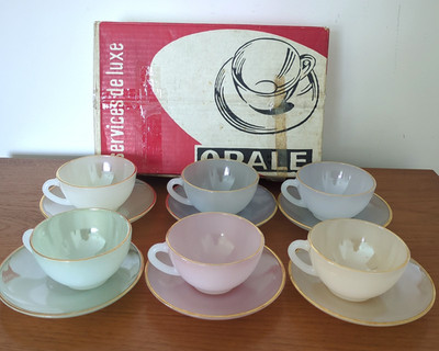 6 Vintage Arcopal Harlekin Pastell Tassen & Untertassen verpackt 60er 70er