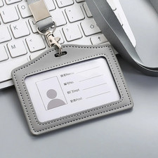High Quality Genuine Leather Work Card Holder with Neck Lanyard Solid Color ID B