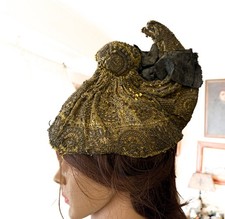 Antique 1870s Victorian gold metallic gold beaded Toque evening dress hat