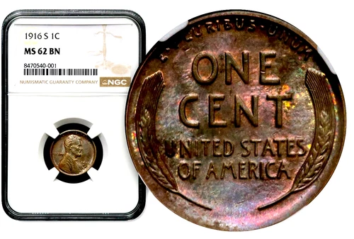 1916-S 1C Lincoln Wheat Cent - NGC MS 62 BN - Reverse Iridescent Toning  CC949