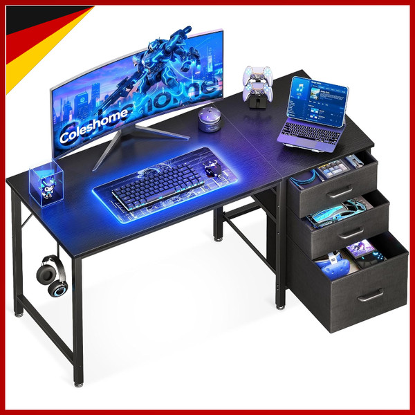 Schreibtisch 120X48Cm Mit 3 Schubladen Und KopfhöRerhalter FüR HeimbüRo Schwarz-image