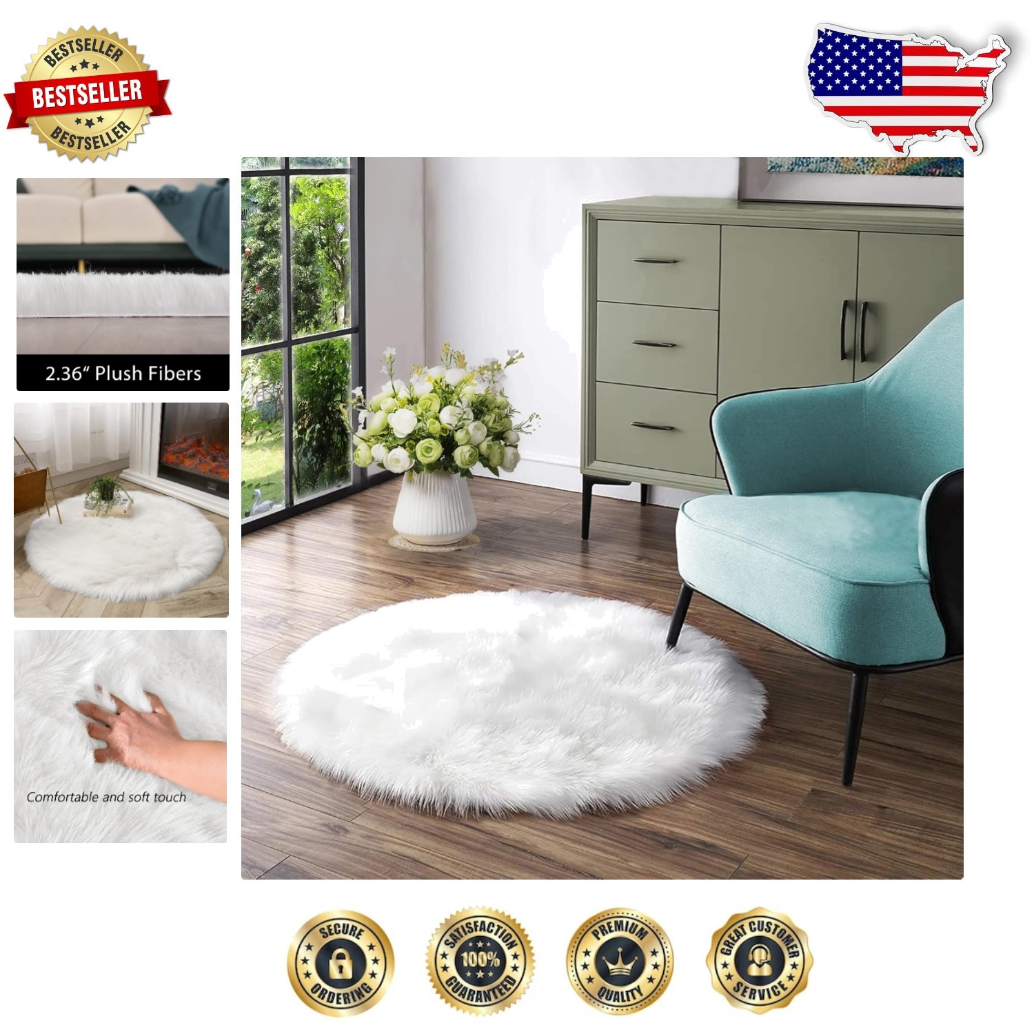 Luxurious 48-Inch Round Faux Fur Rug - Machine Washable Soft Living Room Carpet