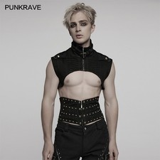 Punk Rave Men Black Gothic Punk Denim Stand Collar Short Vest Slim Waistcoat
