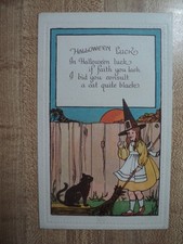 HALLOWEEN WITCH Girl w/ Broom  & Black Cat vintage Bergman Postcard