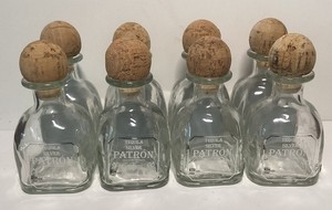 8 PATRON SILVER TEQUILA EMPTY Mini 50ml Glass Bottles Cork Top 4” Tall