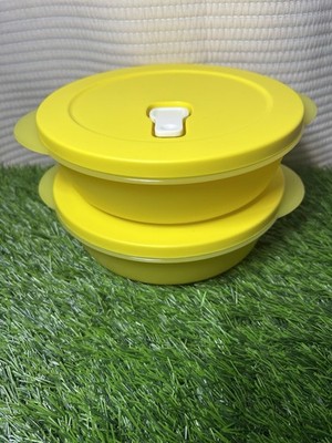Tupperware Crystalwave Microwave Dish 850ml 3.5 cup Food Container Yellow Set 2