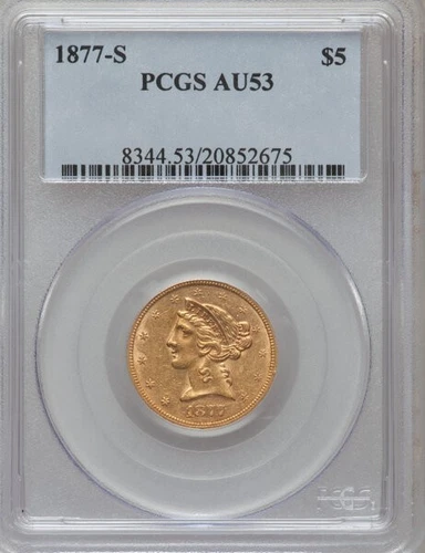 Photo of a 1877-S Liberty Half Eagle from an eBay listing that sold on Jan 3, 2026