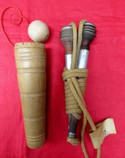 2 Vintage Wooden Games Mill Bobbin Skipping Rope & Catch Ball  & Cup