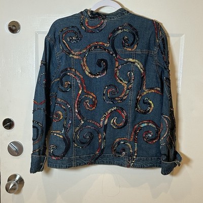 Chico's Women's Denim Embroidered Funky Artsy Boho Jacket Chic Casual Size 1
