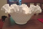 Vintage Fenton Hobnail White Milk Glass Bowl With Ruffled Edge 9 3/4” x 4 1/2”