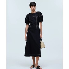 NWT Madewell Puff-Sleeve Drop-Waist Midi Dress In Black Size 2