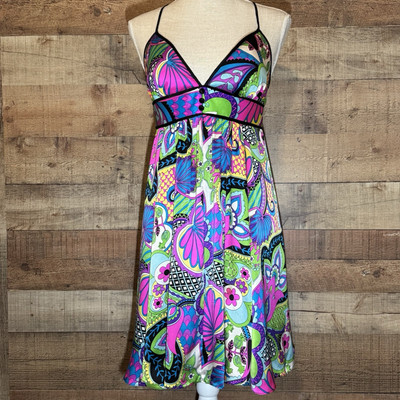 Boston Proper Silk Dress size Small Y2K Abstract Psychedelic Retro Floral Bright