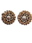 Vintage Miriam Haskell Goldtone Metal White Rhinestone Flower Clip on Earrings