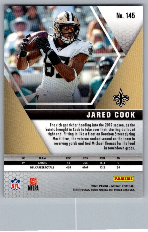 2020 Panini Mosaic Jared Cook New Orleans Saints #145 - Image 2 of 2
