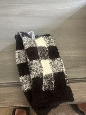 Plaid Fuzzy Socks Black White Checkered Pattern