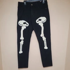 Black Skeleton Bone Jeans Men Size 32 Straight Fit Denim Pant jeans punk Skater