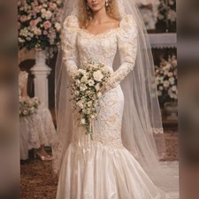 Unbranded Vintage 80s White Satin Beaded Mermaid Wedding Dress with Train sz 10