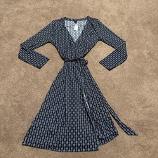 NEW Ann Taylor Chain Link Jersey Wrap Blue Dress 12 Long Sleeve Wrinkle Resist