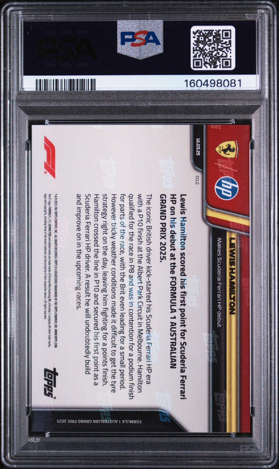 2025 TOPPS NOW FORMULA 1 #12 LEWIS HAMILTON PSA 10 view 2