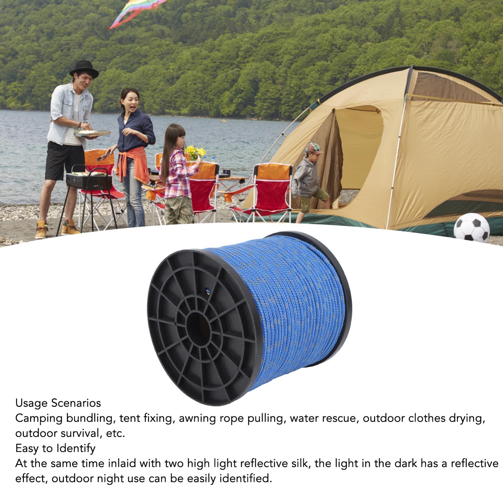 ¸(Blue)Reflective Camping Rope Texture Weaving 164ft 4mm Polyester Parachute AS