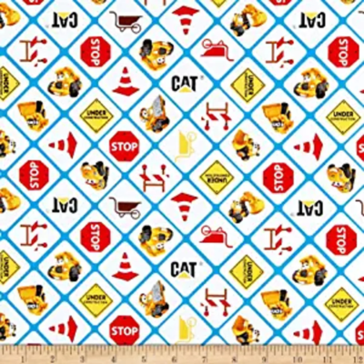 CAT Buildin' Crew Signs White Cotton Fabric