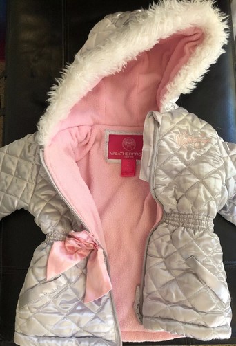 WETTERFESTE Marken Mädchen Größe 4 Kleinkind JACKE silber mit Kunstfell Kapuze rosa Schleife - Bild 8 von 12