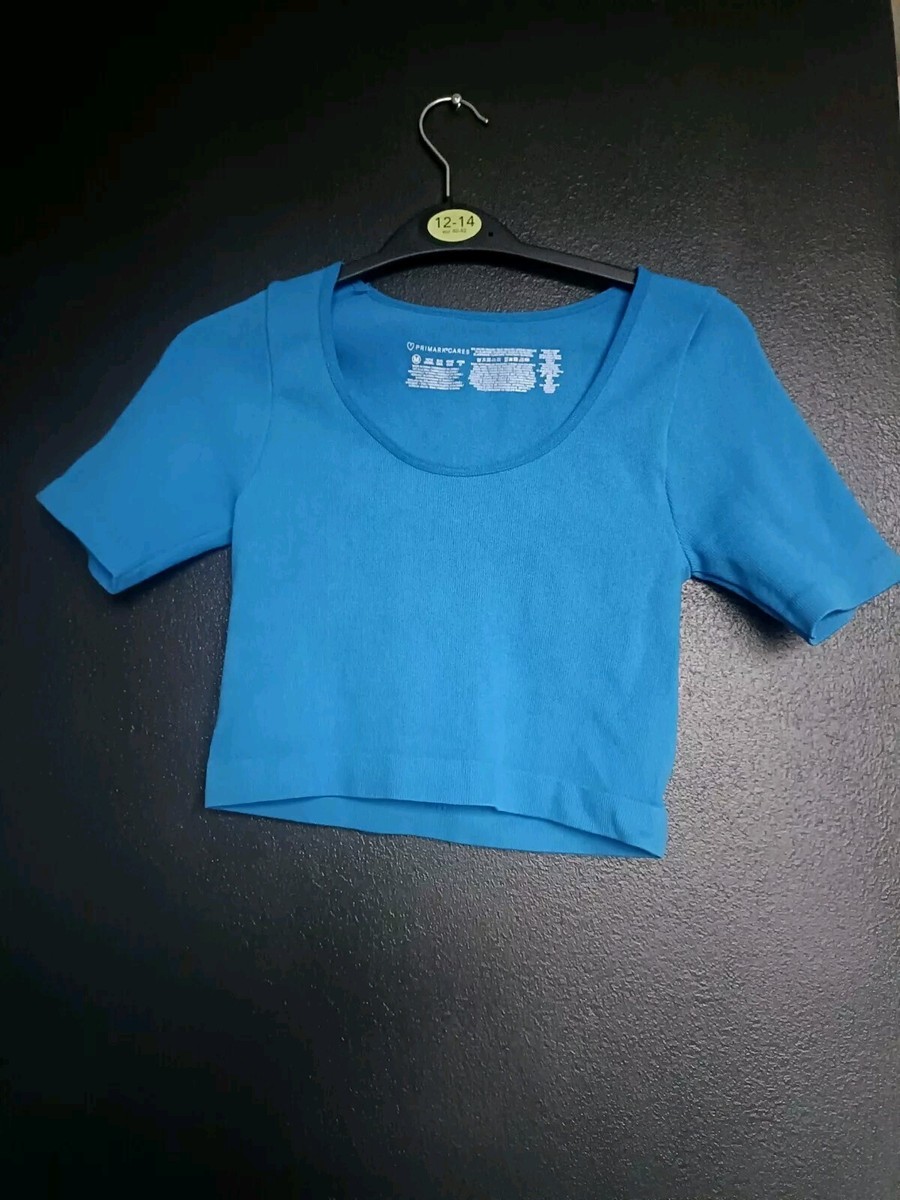 Primark Cares Ribbed Stretchy Seamless Blue Crop Top Short Sleeves