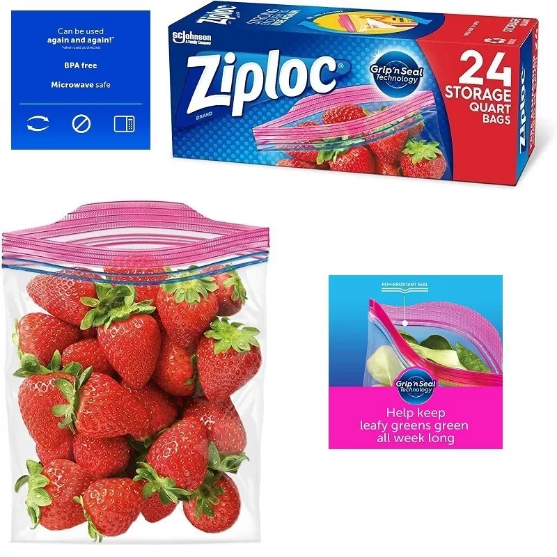 Zip Lock Bags Quart Ziploc Bags Grip 'N Seal Food Storage Plastic Travel 24  Ct.