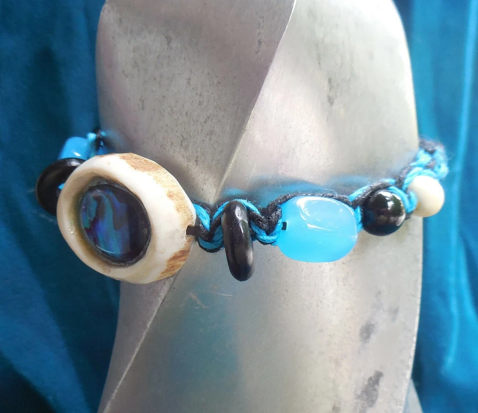 Blue Abalone Shell Antler Adjustable Hemp Bracelet Anklet w/ Rainbow Quartz Onyx - Image 2 of 4
