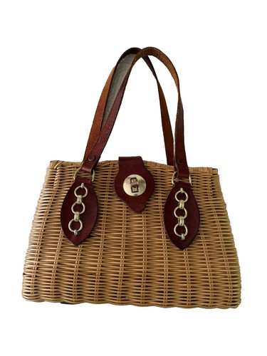 Vintage Brown Wicker Straw Double Leather Handles Hand Bag Purse Hong Kong