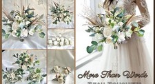 Image of Round spray bridal bouquet with pampas in ivory 18pc Artificial Wedding flowers
