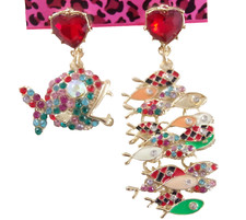 BETSEY JOHNSON ASYMMETRICAL PREDATOR/ SCHOOL OF FISH RHINESTONE DANGLE EARRINGS