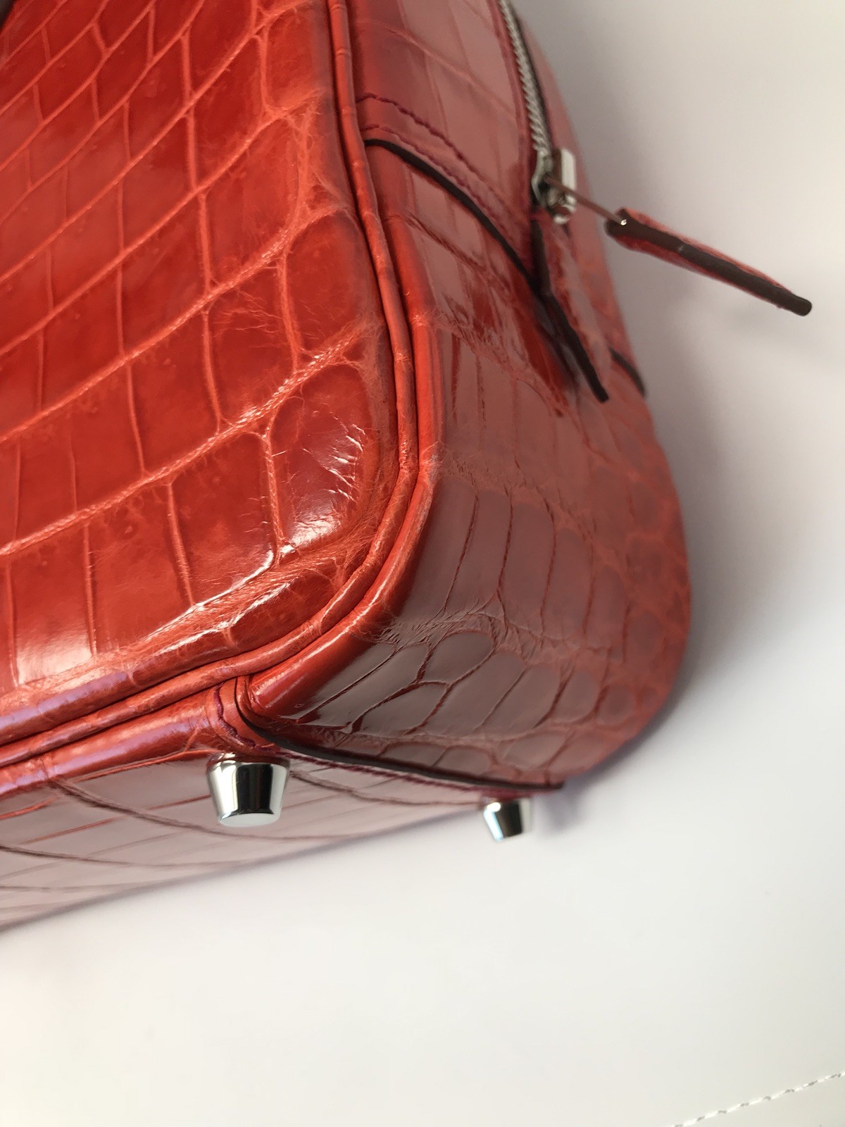 Pre-owned 100 percent Authentic Hermes Plume 28 D5 Geranium Crocodile Year Stamp P image 5