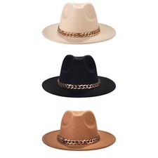 Men Women Felt Fedora Hat Wide Flat Brim with Cuban Chain Trilby Panama Jazz Cap