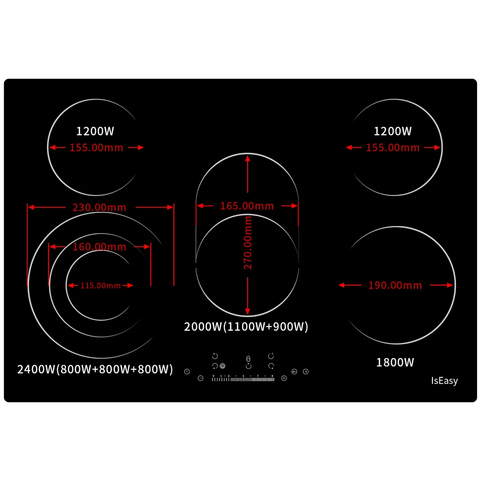 ISEASY Piano Cottura 5 Fuochi Elettrico 8600W 77cm in Vetroceramica Cucina in Vetro App