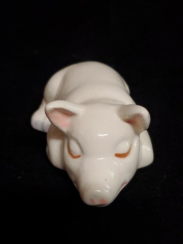 Figura de cerdo vintage de cerámica esmaltada crema rosa gris 3,25" L - Imagen 3 de 7