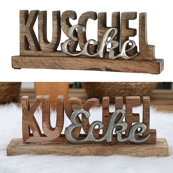 Schriftzug Kuschelecke Aufsteller 30X12X5,5 Mangoholz Aluminium Deko Tischdeko-image