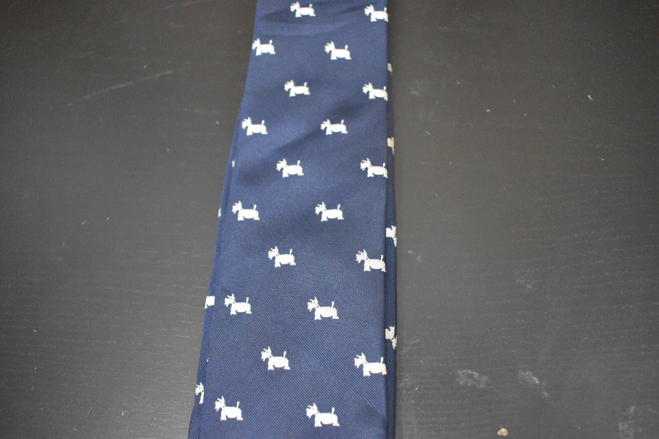 Corbata Barcelona Neck Tie Blue White Dosgs All Over Silk Mens 4"x57" - Image 3 of 4