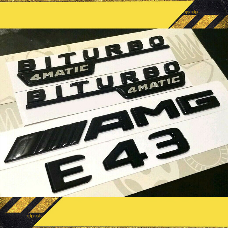 E43 + AMG + BITURBO 4MATIC Glossy Black Rear Trunk Emblem Badge E43 Full Set